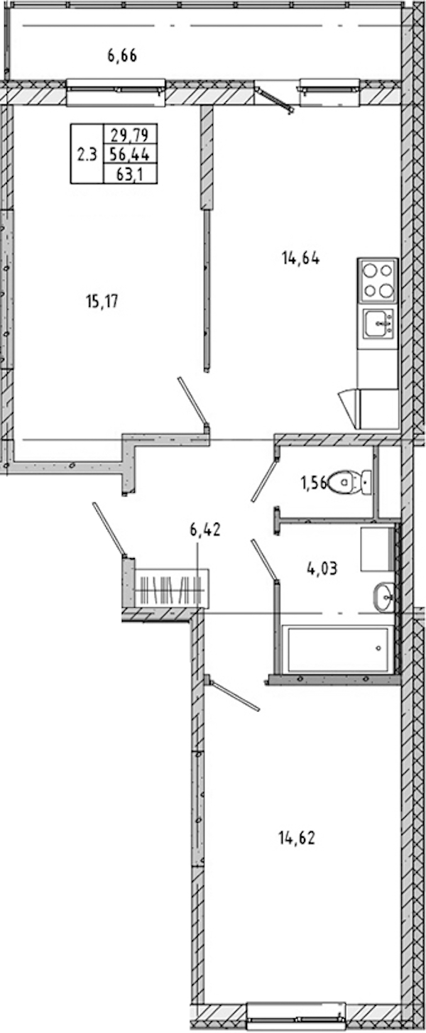 2-комнатная квартира 55.97 м², 13/17 эт., ЖК «Новые горизонты 2»
